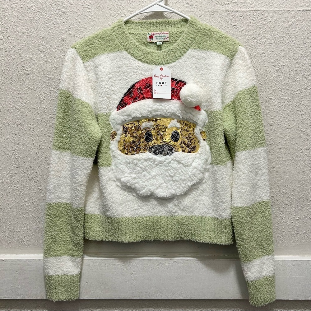 Merry Christmas by Poof! Green and White Striped Golden Sequin Santa Sweater NWT